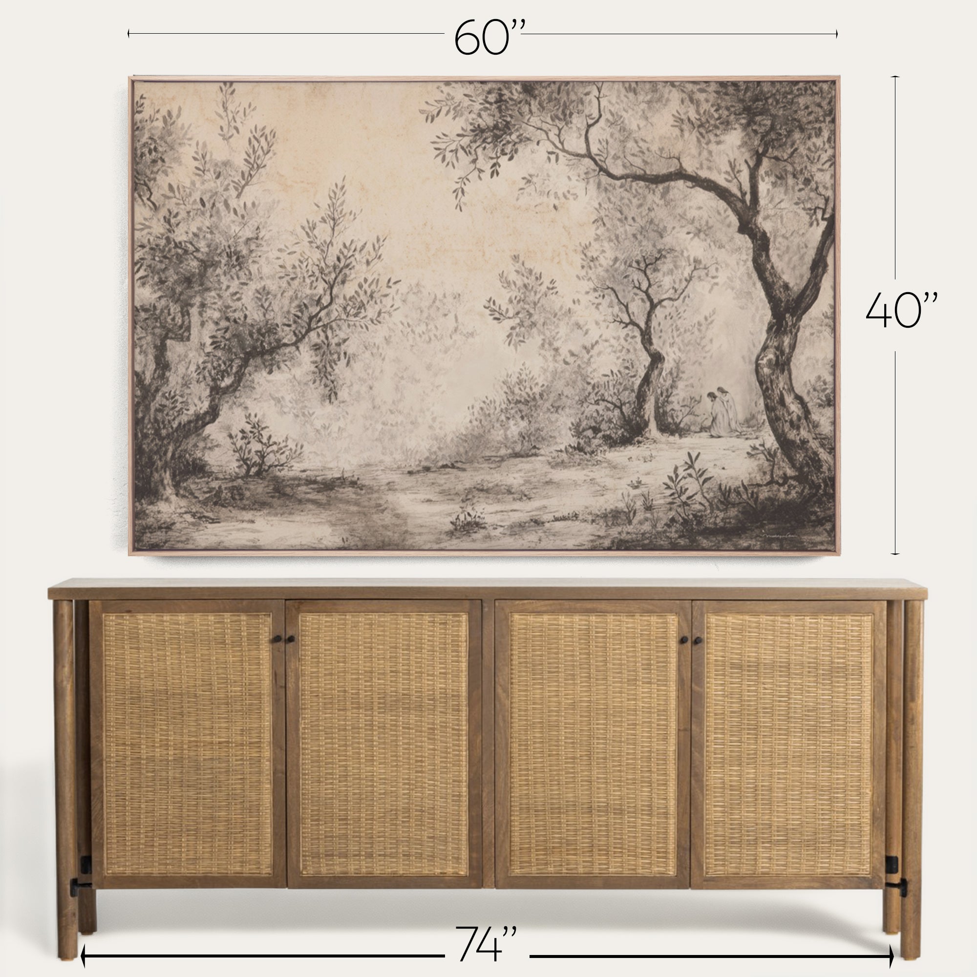 Wooden sideboard with rattan doors and a large landscape painting above it, with dimensions displayed. 
