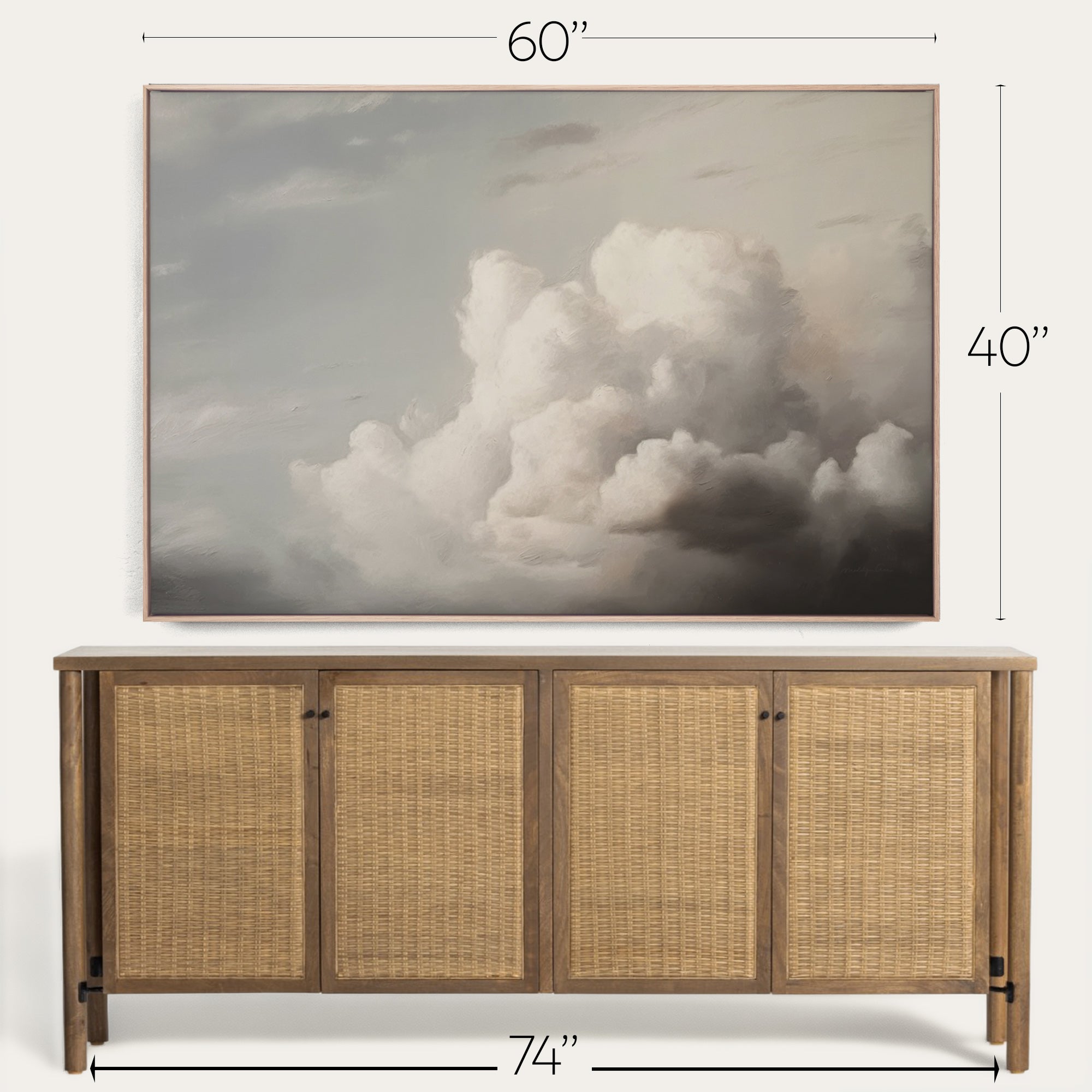 Wooden sideboard with wicker doors and a large cloud painting above it, with dimensions indicated. 