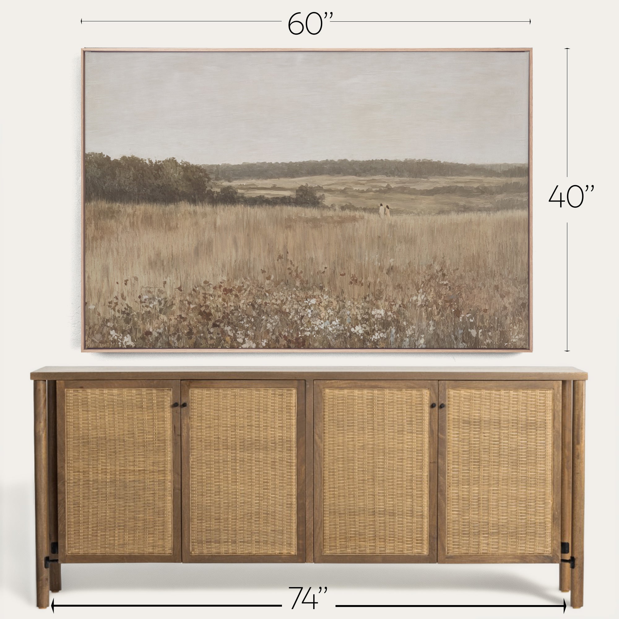 Wicker sideboard with framed landscape painting above it, showing dimensions. 