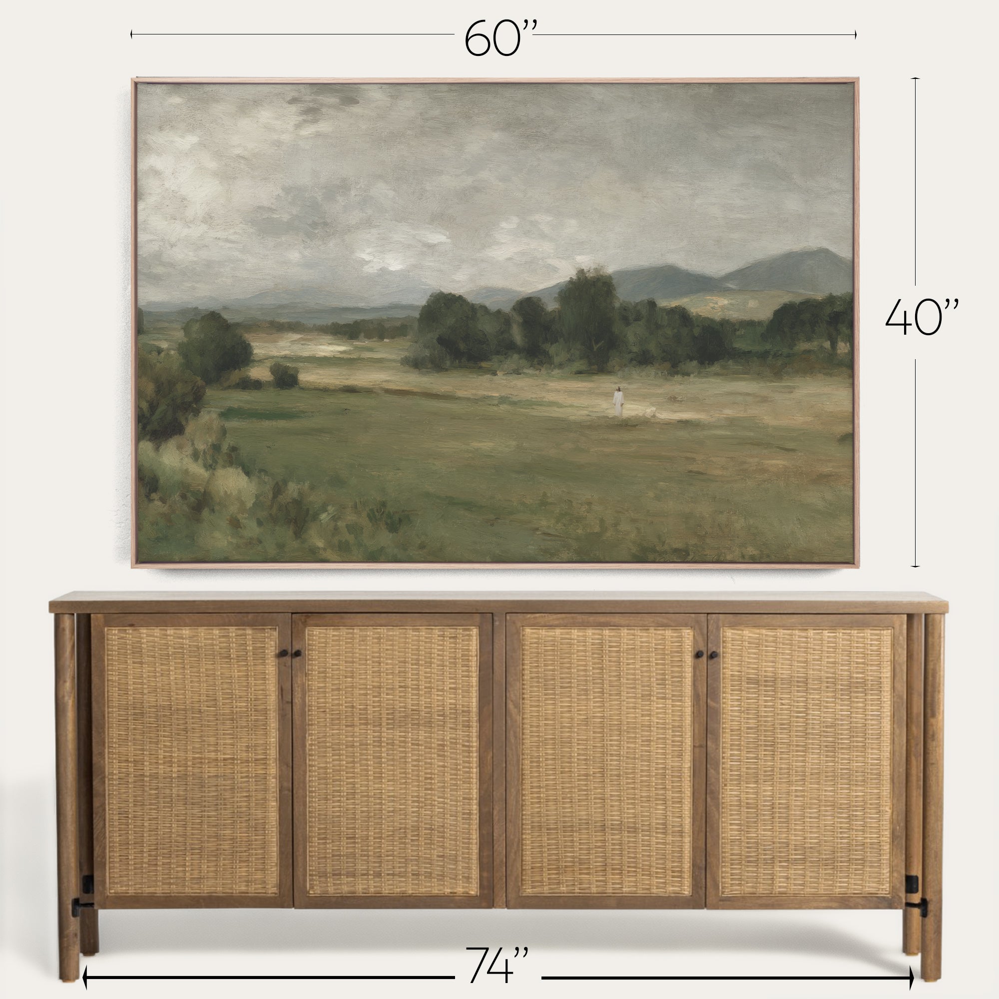 Framed landscape painting above a wooden sideboard with dimensions indicated. 