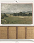 framed landscape painting above a wooden sideboard with dimensions indicated. 