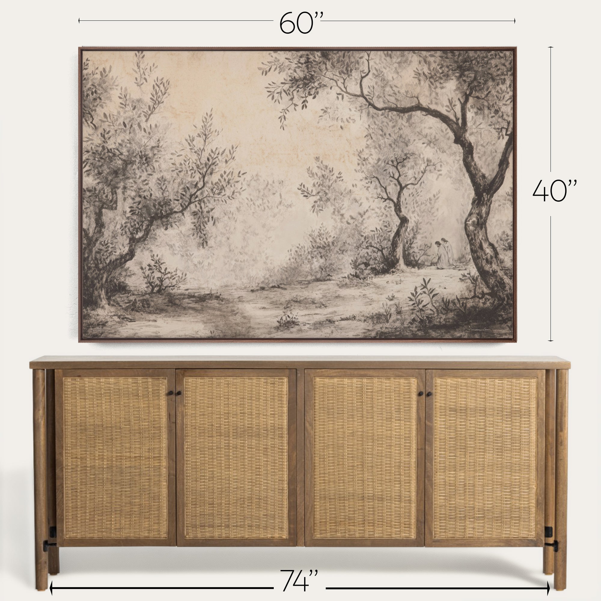 Wooden sideboard with wicker doors and a large landscape painting above it, with dimensions displayed. 