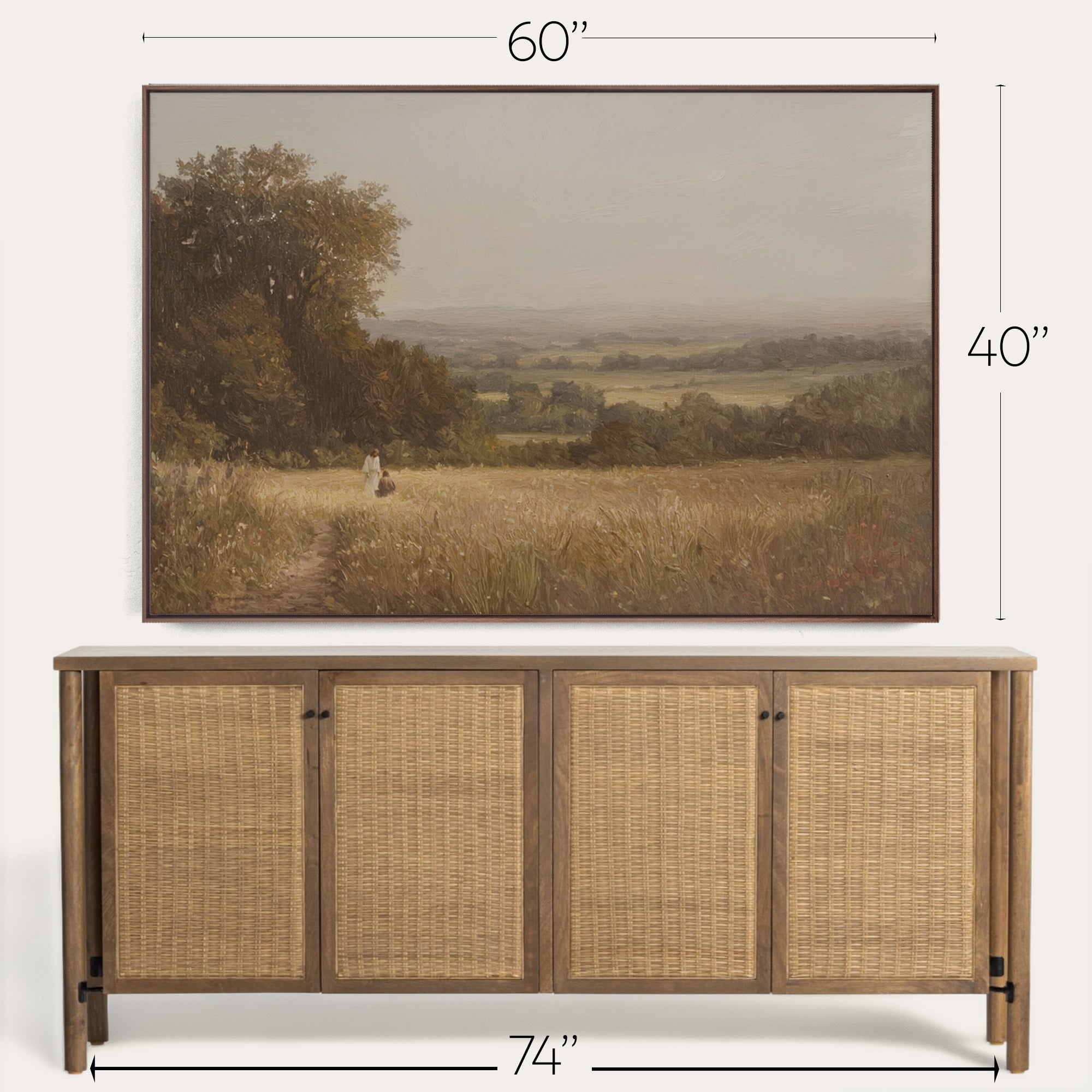 Framed landscape painting above a wooden sideboard with dimensions indicated. 