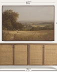 framed landscape painting above a wooden sideboard with dimensions indicated. 