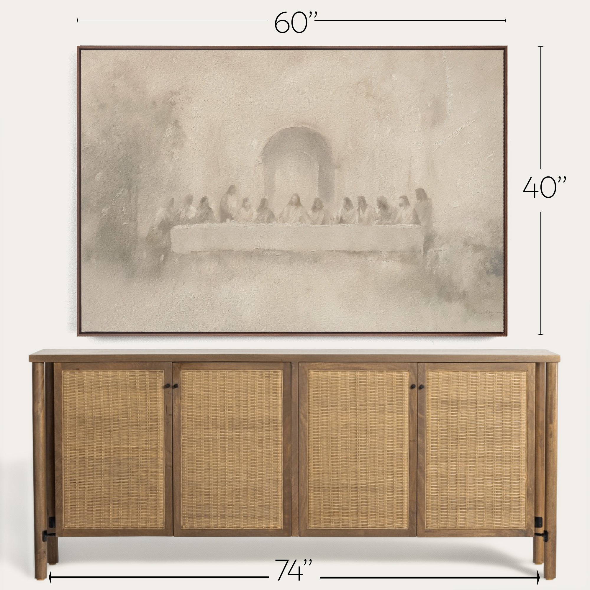 Framed artwork above a wooden sideboard with dimensions displayed 