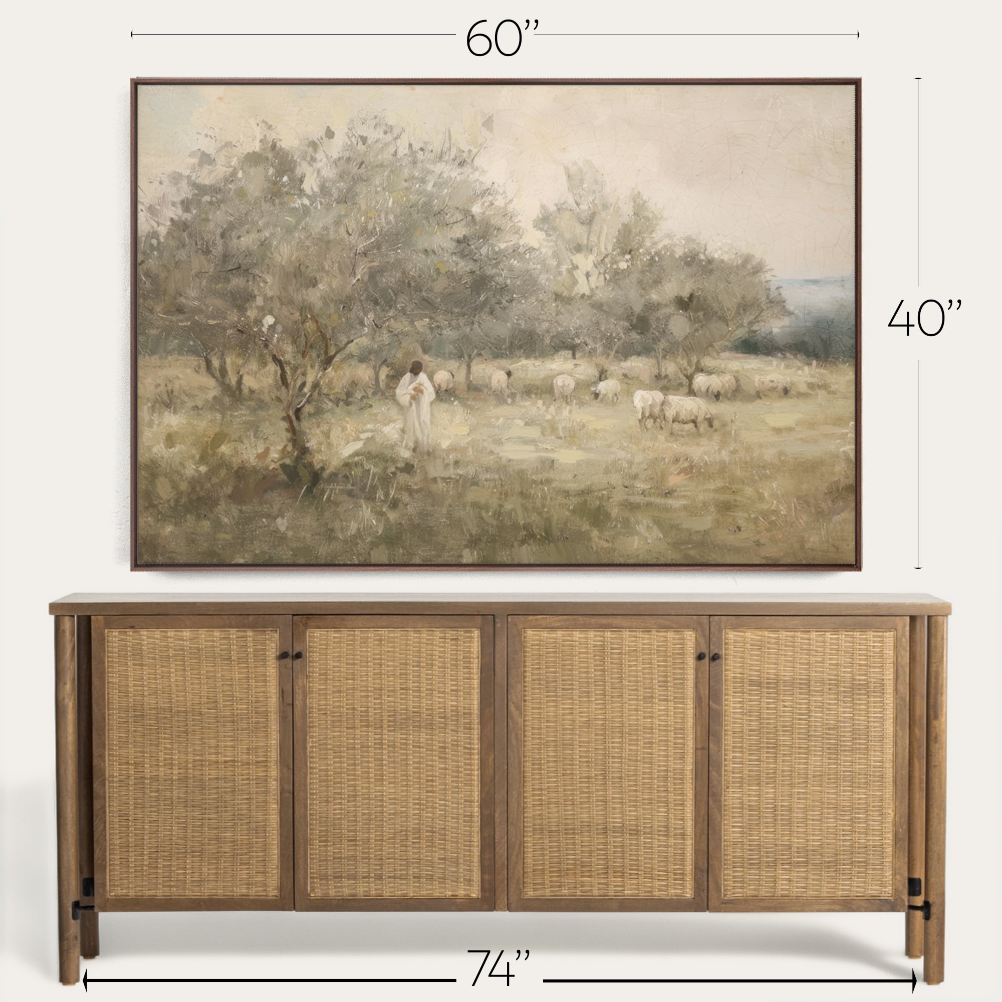 Wooden sideboard with wicker doors and a framed landscape painting above it, with measurements indicated. 