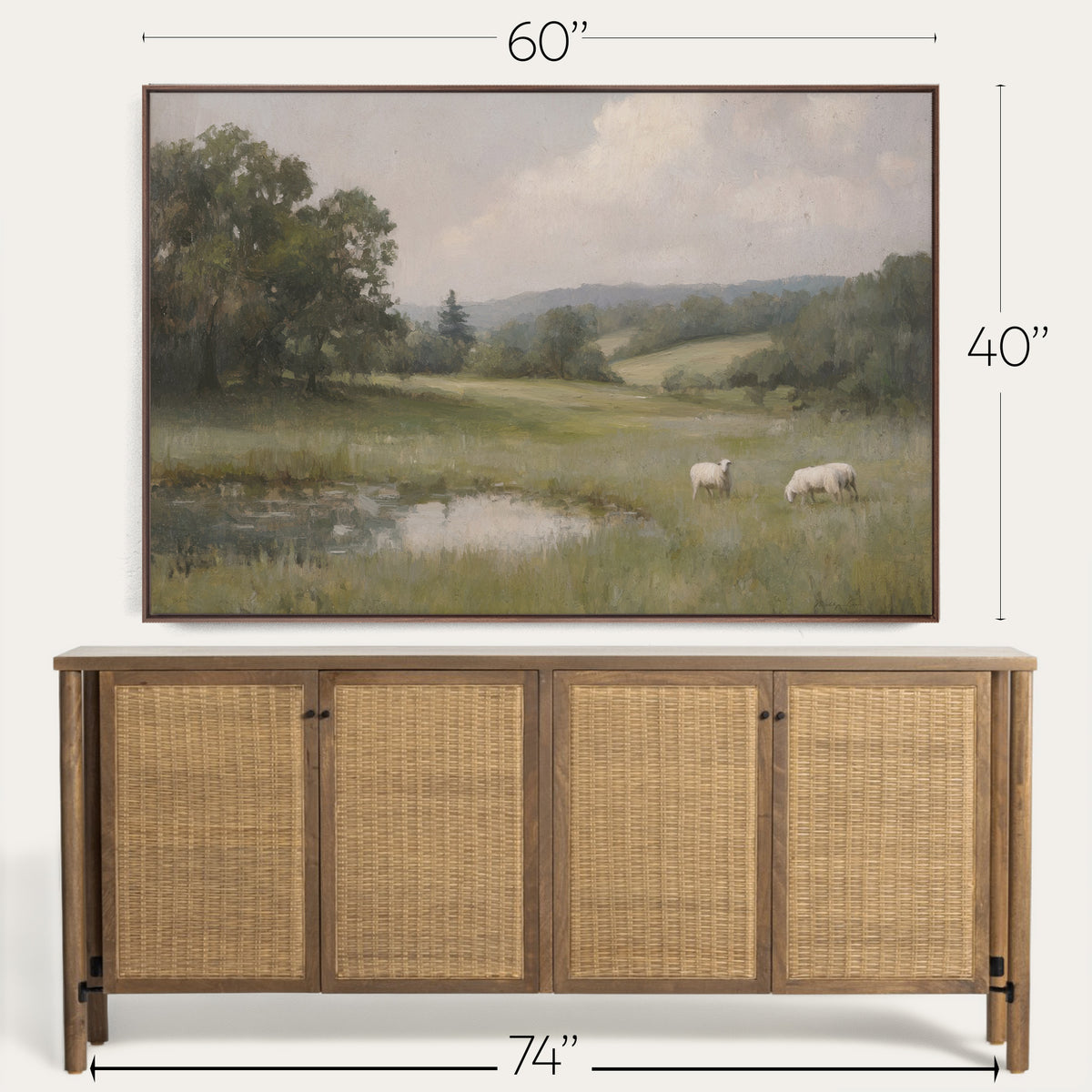 Framed landscape painting above a wooden cabinet with dimensions indicated. 