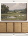 framed landscape painting above a wooden cabinet with dimensions indicated. 