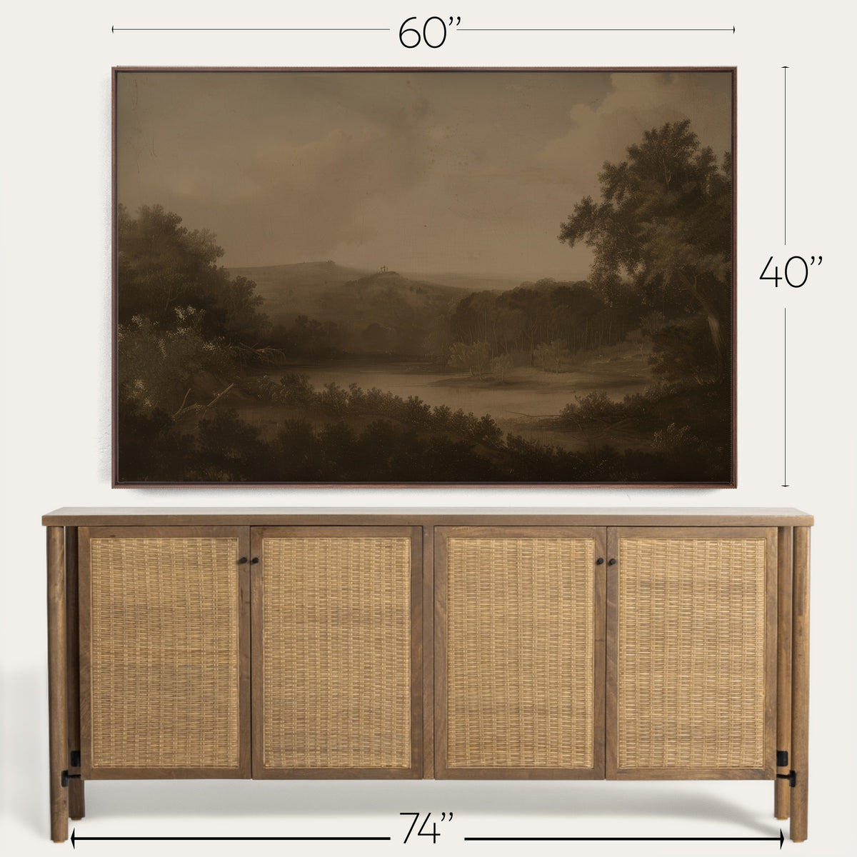 Framed landscape painting above a wooden sideboard with dimensions indicated. 