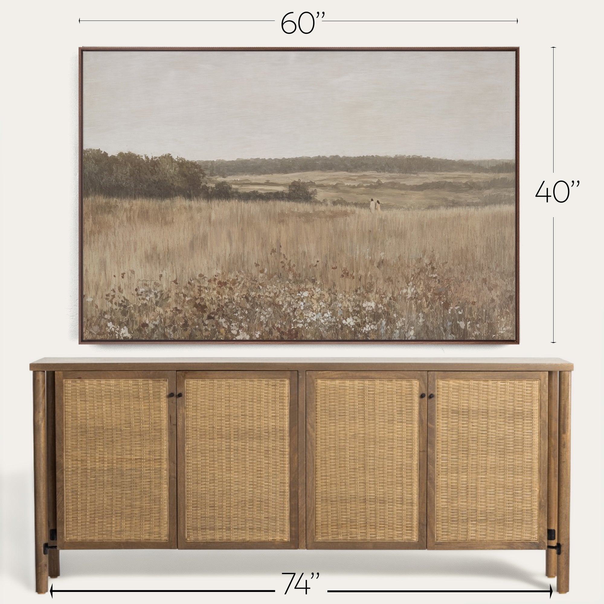 Framed landscape painting above a wooden sideboard with dimensions displayed. 