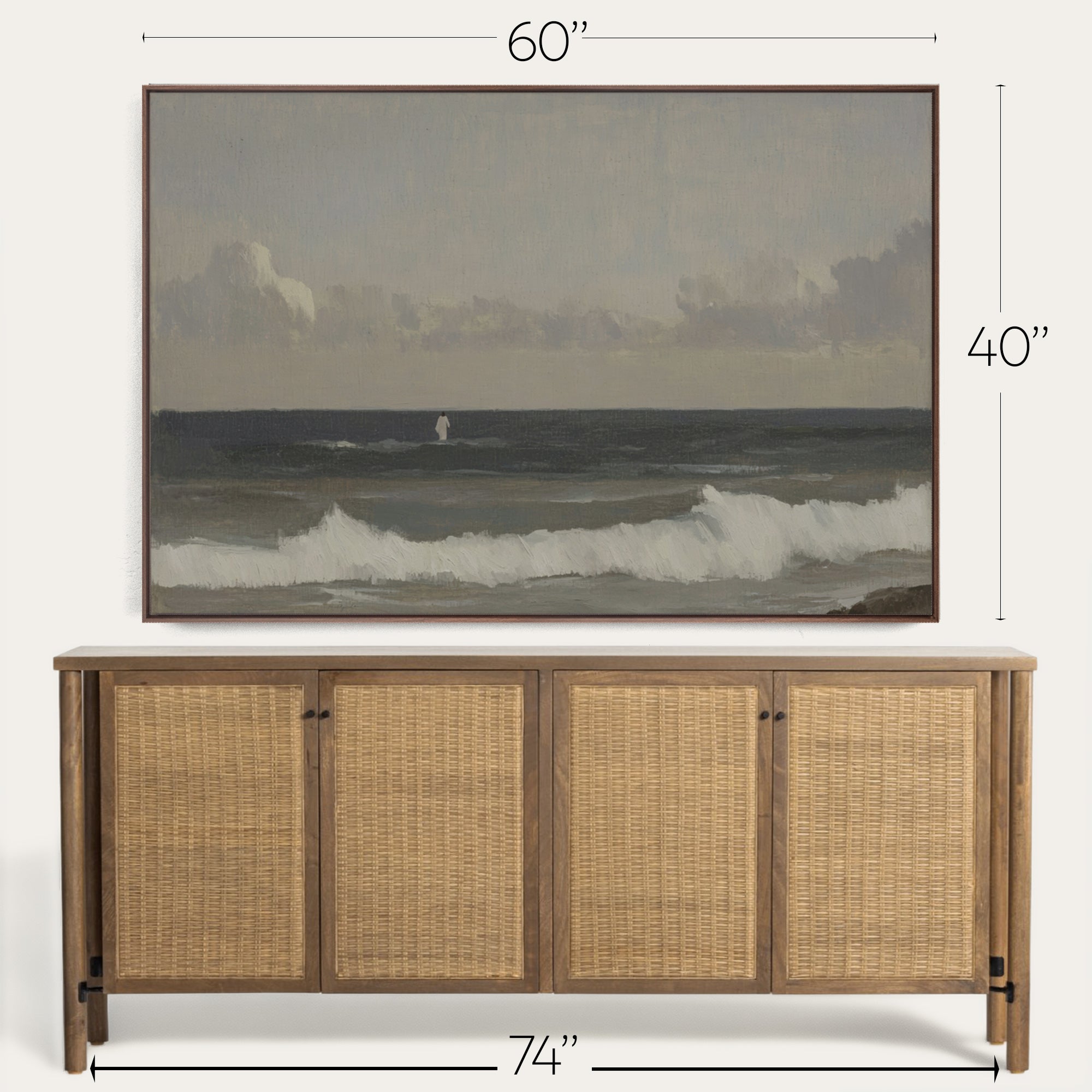 Wooden sideboard with wicker doors and a large framed painting of a seascape above it, with measurements indicated. 
