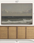 wooden sideboard with wicker doors and a large framed painting of a seascape above it, with measurements indicated. 