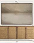 framed artwork above a wooden sideboard with dimensions indicated. 