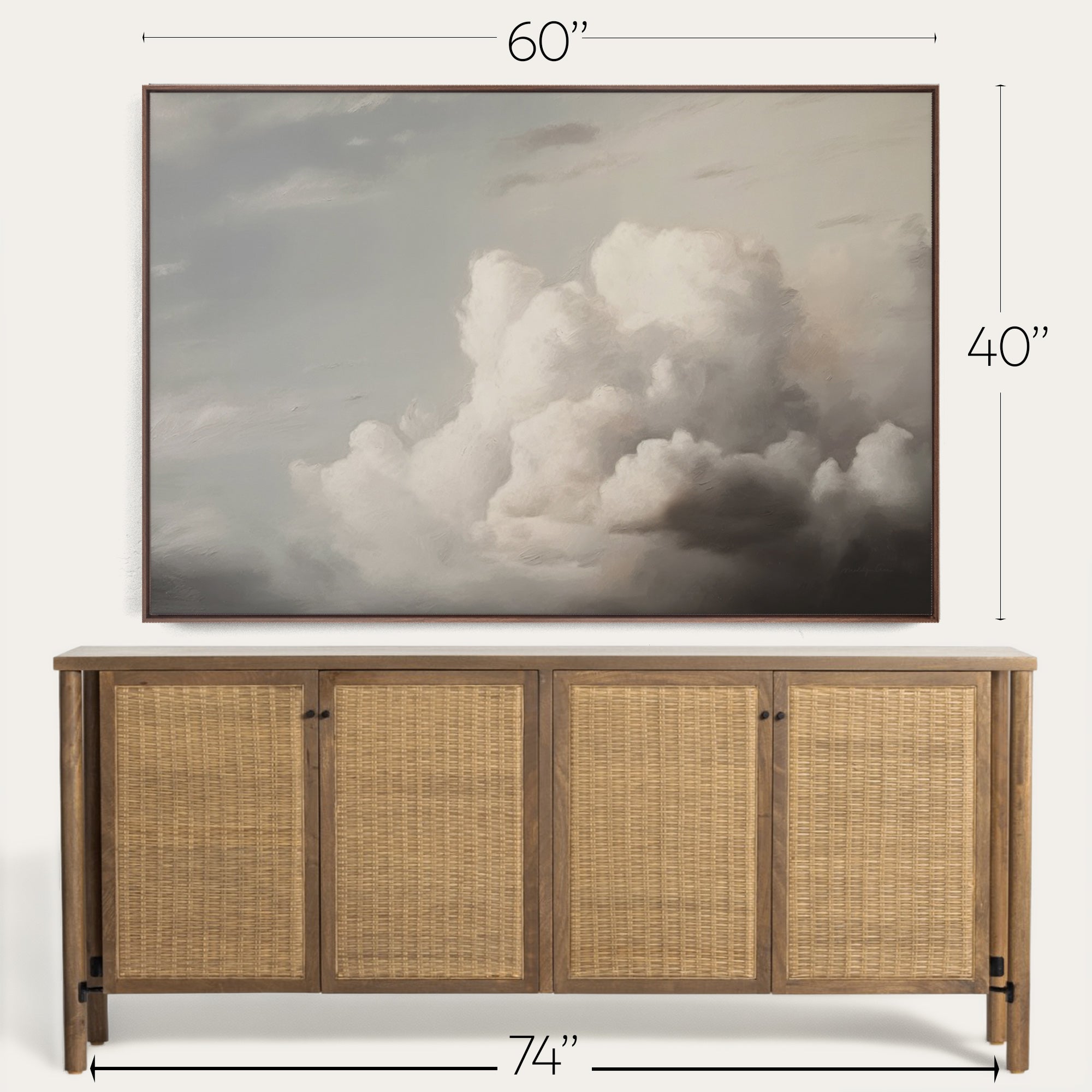 Wooden sideboard with wicker doors and a large framed cloud art piece above it, with measurements indicated. 