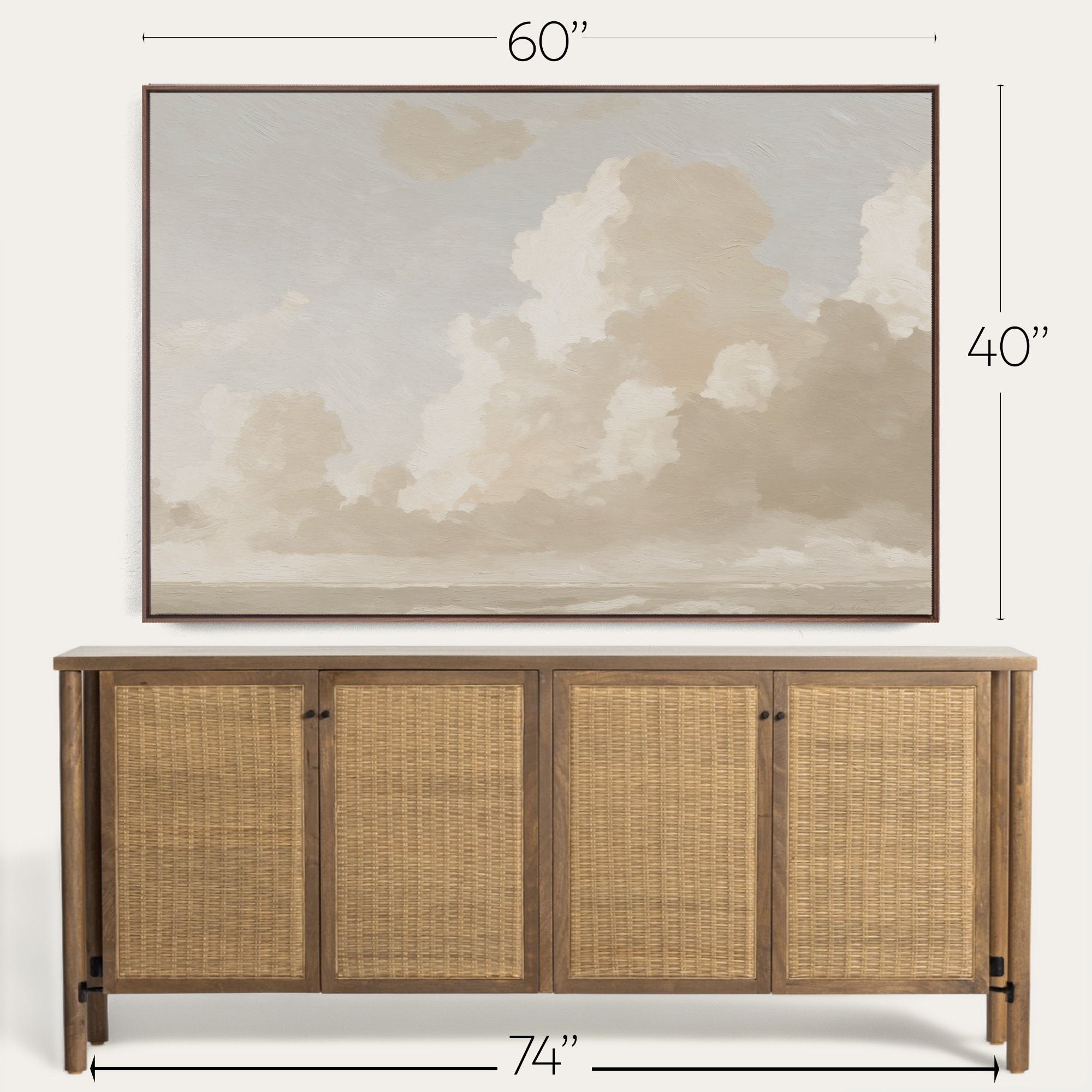 Wooden sideboard with wicker doors and framed artwork above it, showing dimensions. 