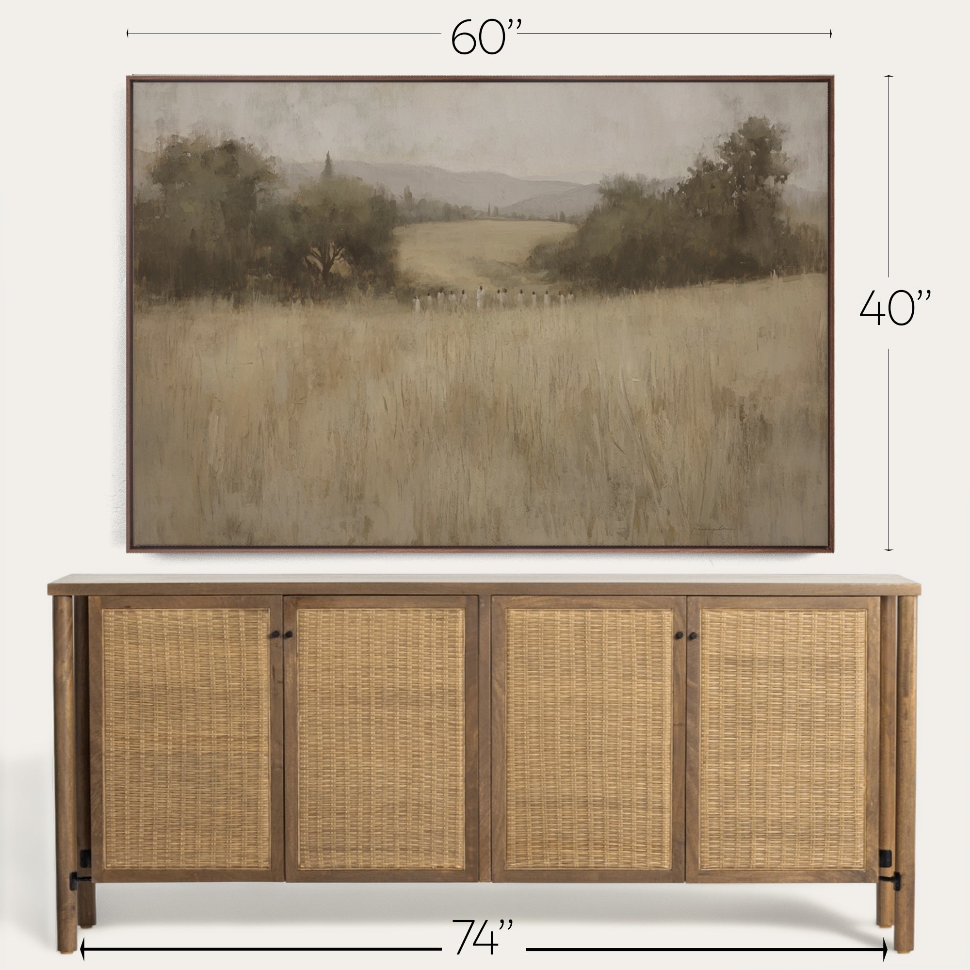Framed landscape painting above a wooden sideboard with dimensions indicated. 
