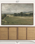 framed landscape painting above a wooden sideboard with dimensions indicated. 