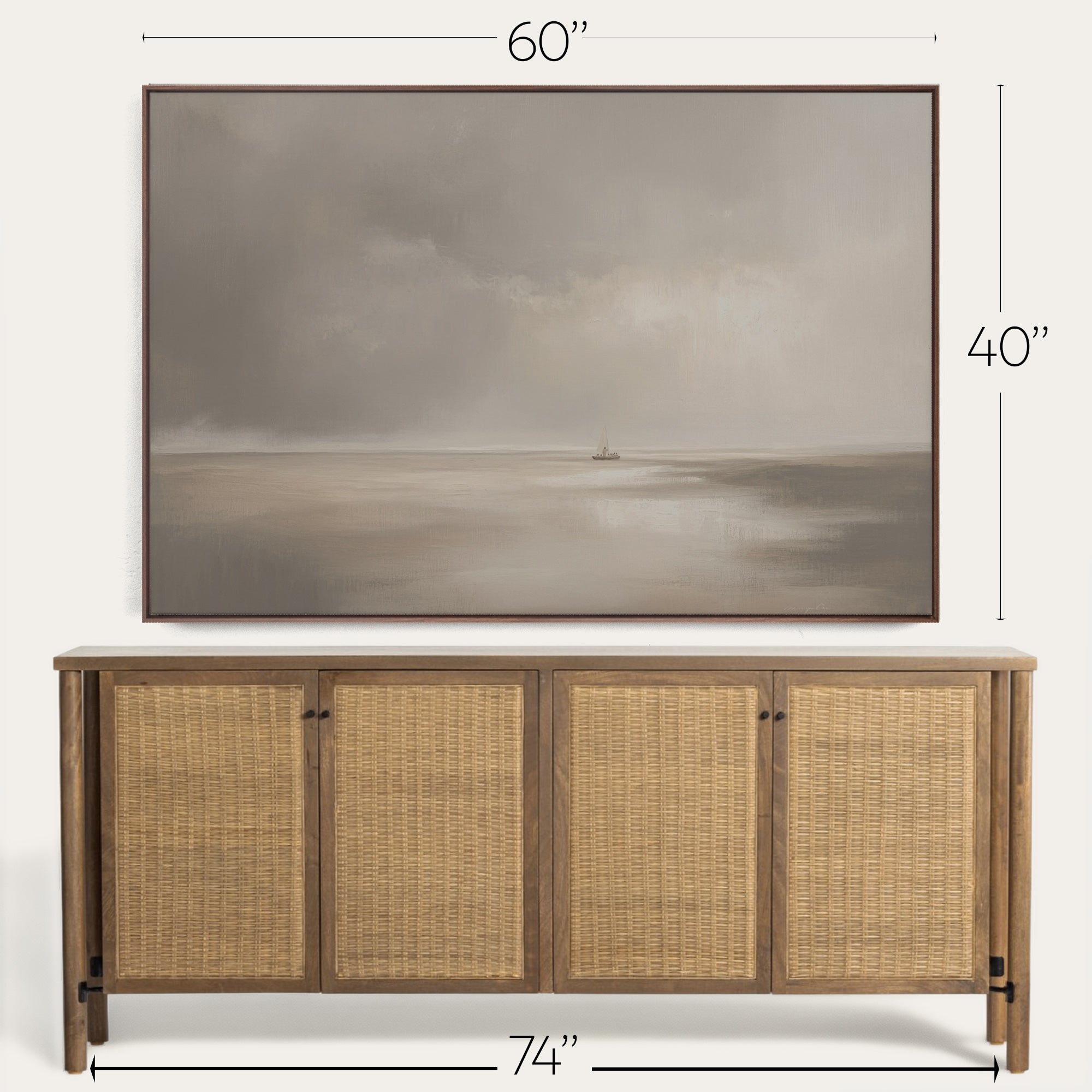Wooden sideboard with wicker doors and a large framed landscape painting above it, with dimensions indicated. 