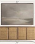 wooden sideboard with wicker doors and a large framed landscape painting above it, with dimensions indicated. 