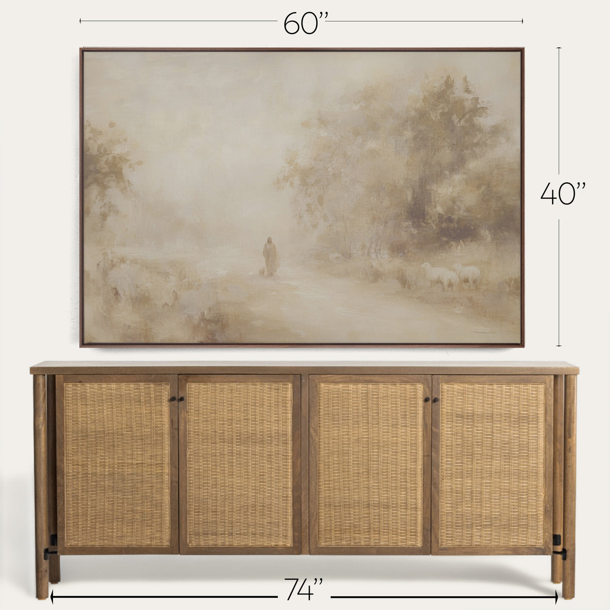 Wooden sideboard with wicker doors and a framed landscape painting above it, with dimensions indicated. 