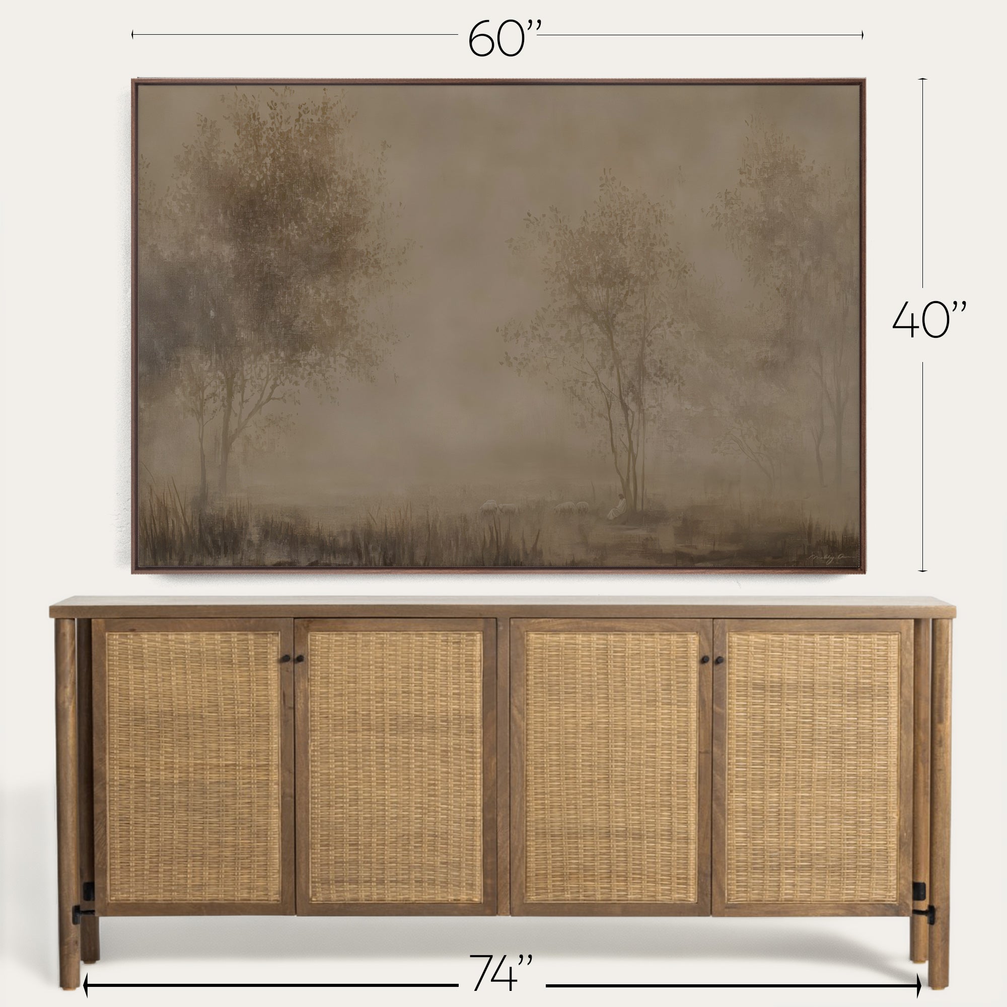 Wooden sideboard with wicker doors and a large framed landscape painting above it, with measurements indicated. 