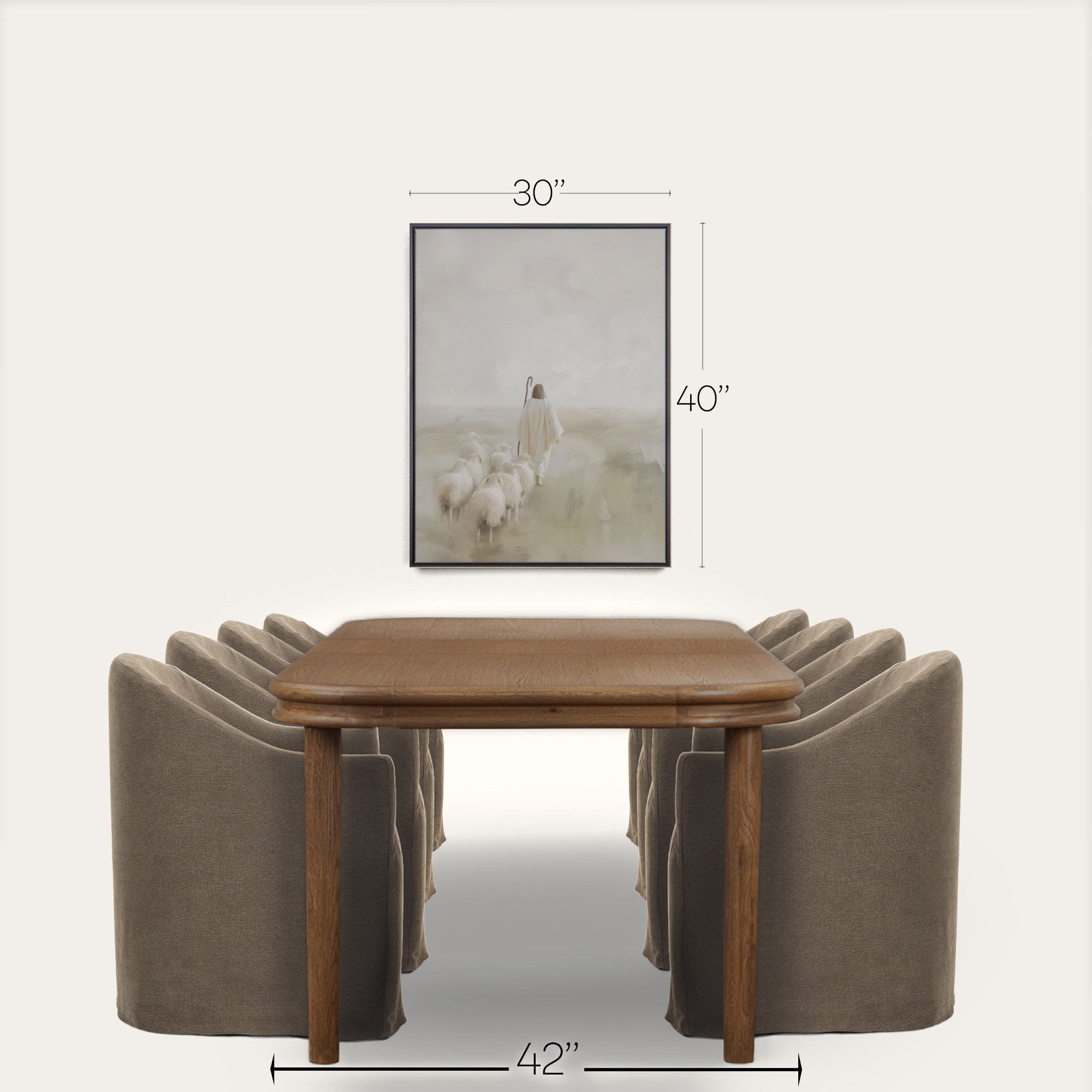 Wooden table with four curved brown chairs on a white background, with measurements indicated. 
