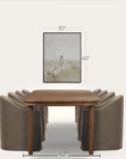 wooden table with four curved brown chairs on a white background, with measurements indicated. 
