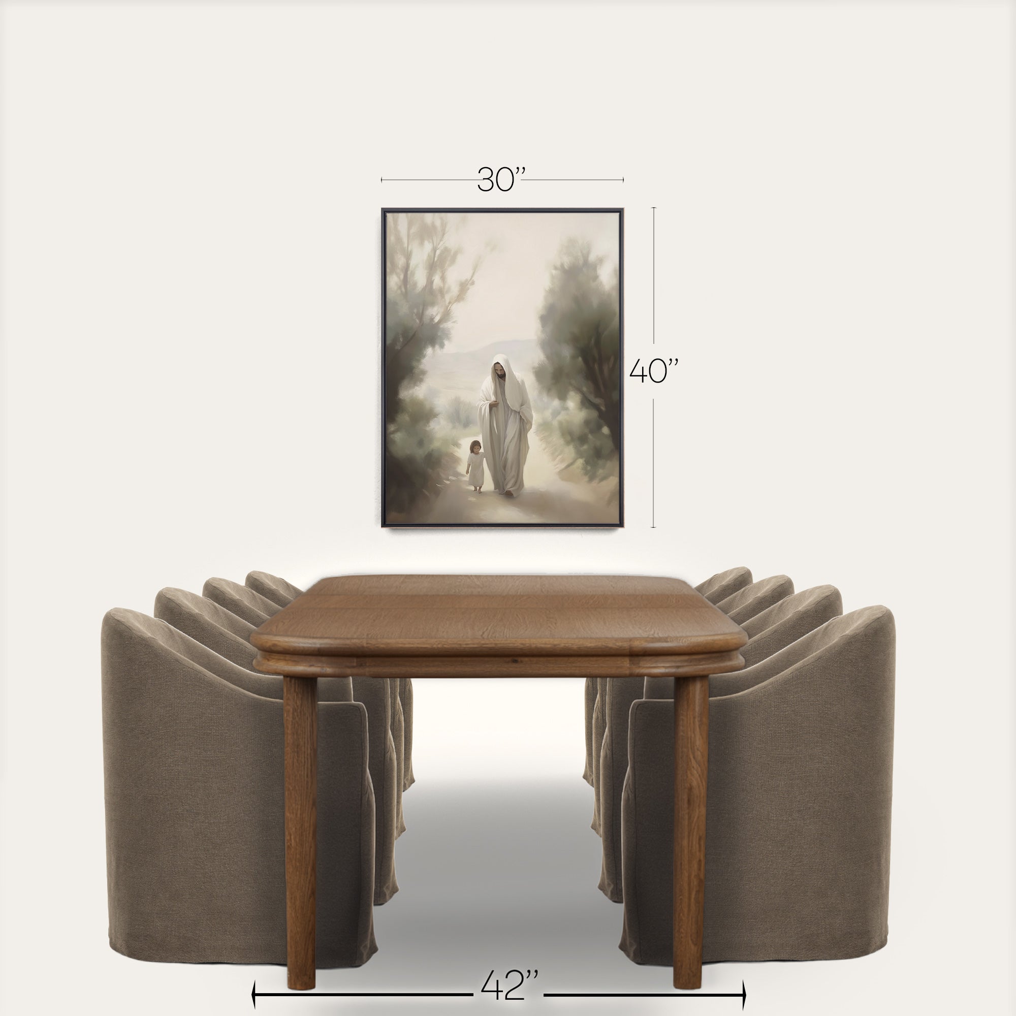 Framed artwork above a wooden table with gray chairs, showing dimensions. 