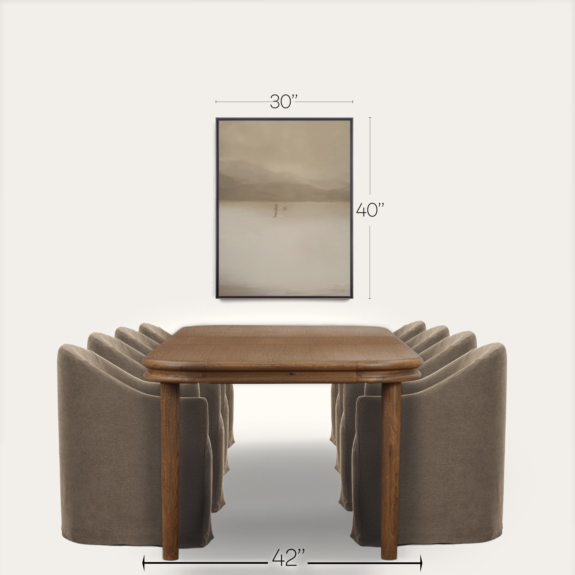 Wooden dining table with four gray chairs on a white background, featuring dimensions. 