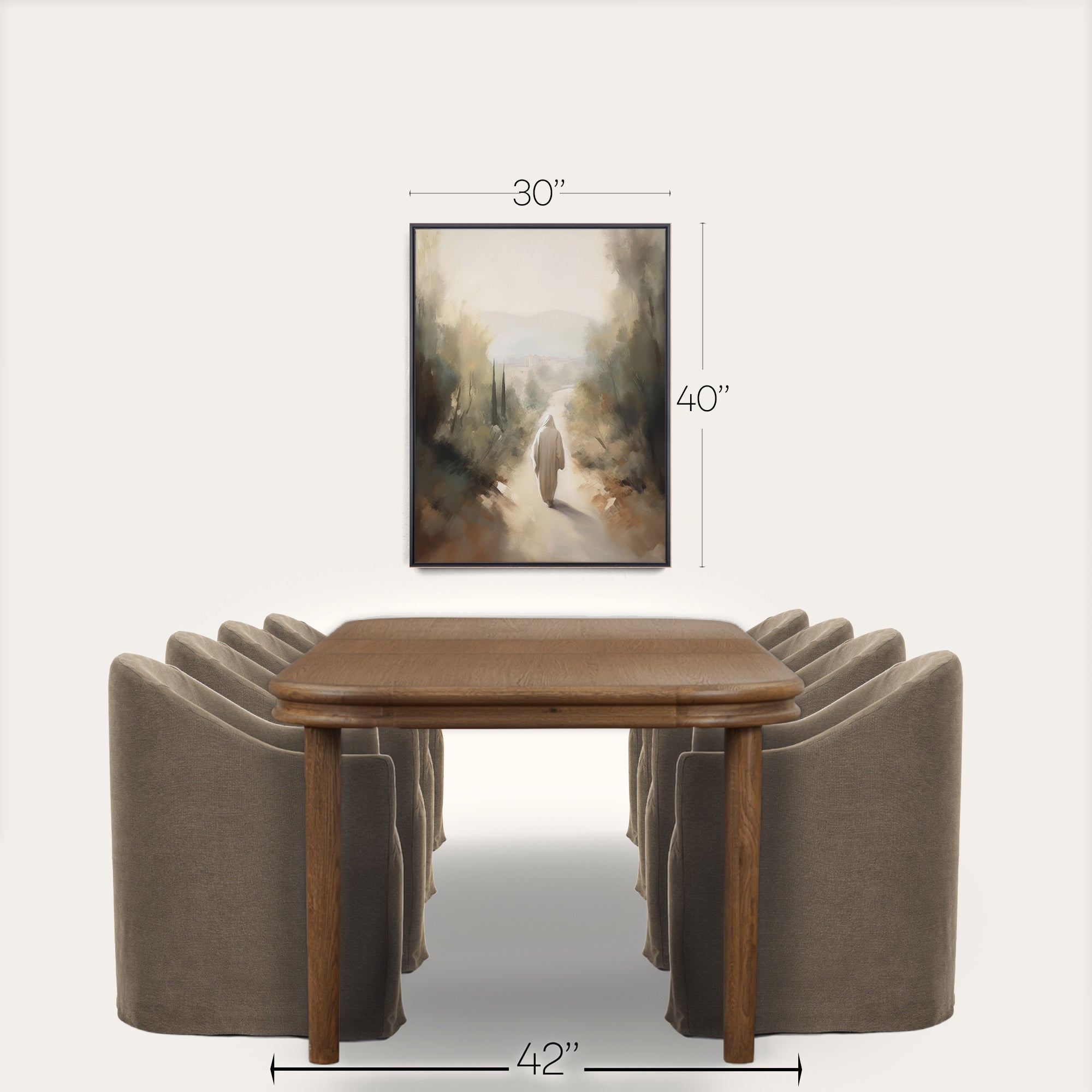 Wooden table with four gray chairs and a framed painting on a white background 