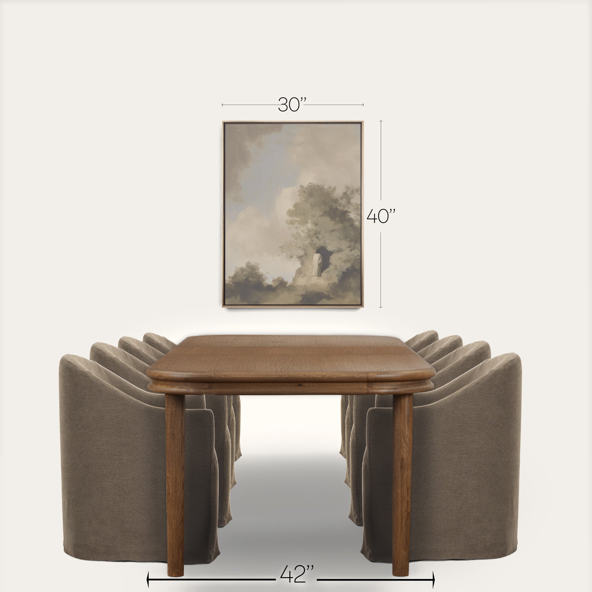 Wooden table with four curved brown chairs and a framed picture on a white background 
