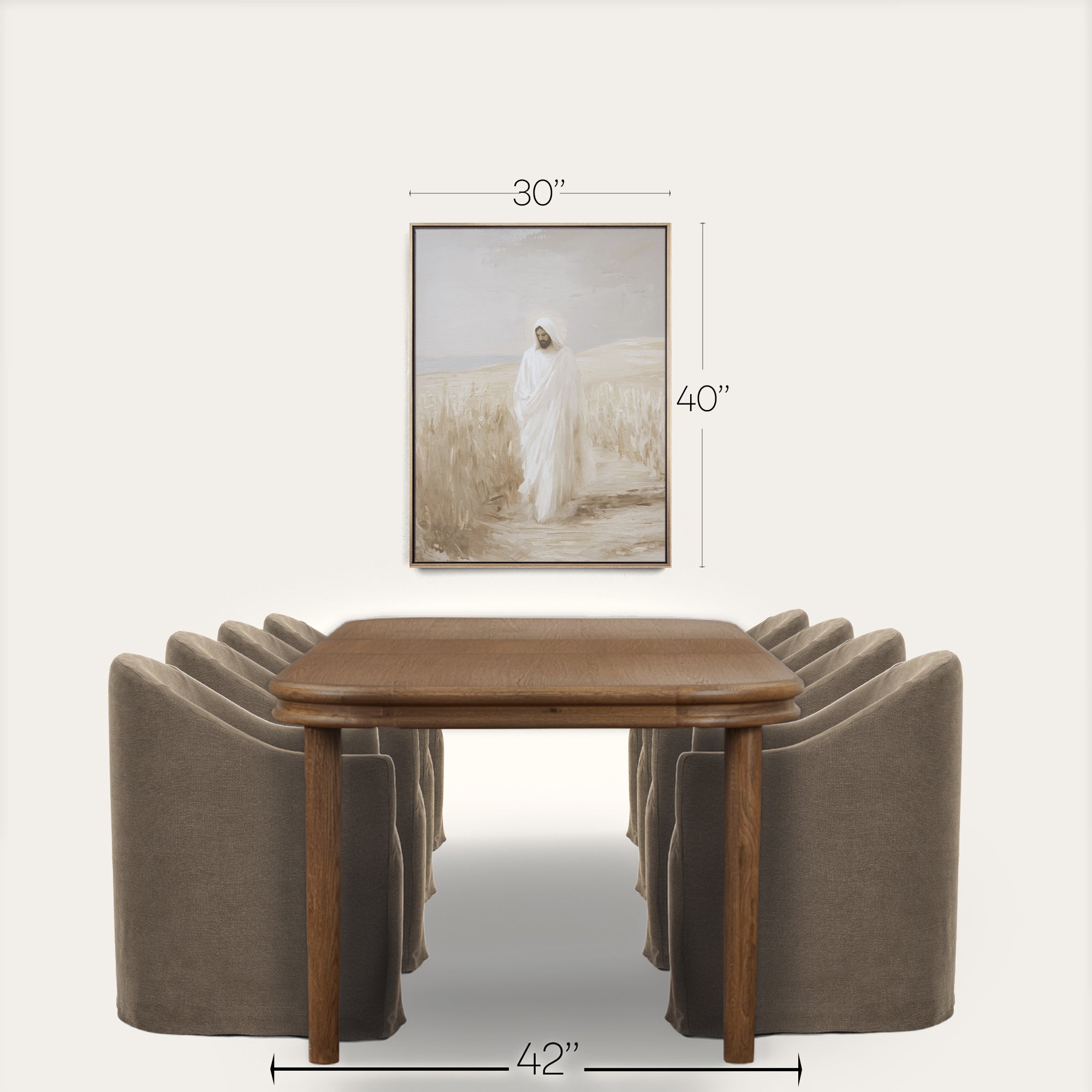 Wooden table with four gray chairs and a framed picture on a white background 