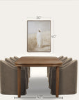 wooden table with four gray chairs and a framed picture on a white background 