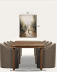 wooden table with four gray chairs and a painting in the background, with dimensions labeled. 