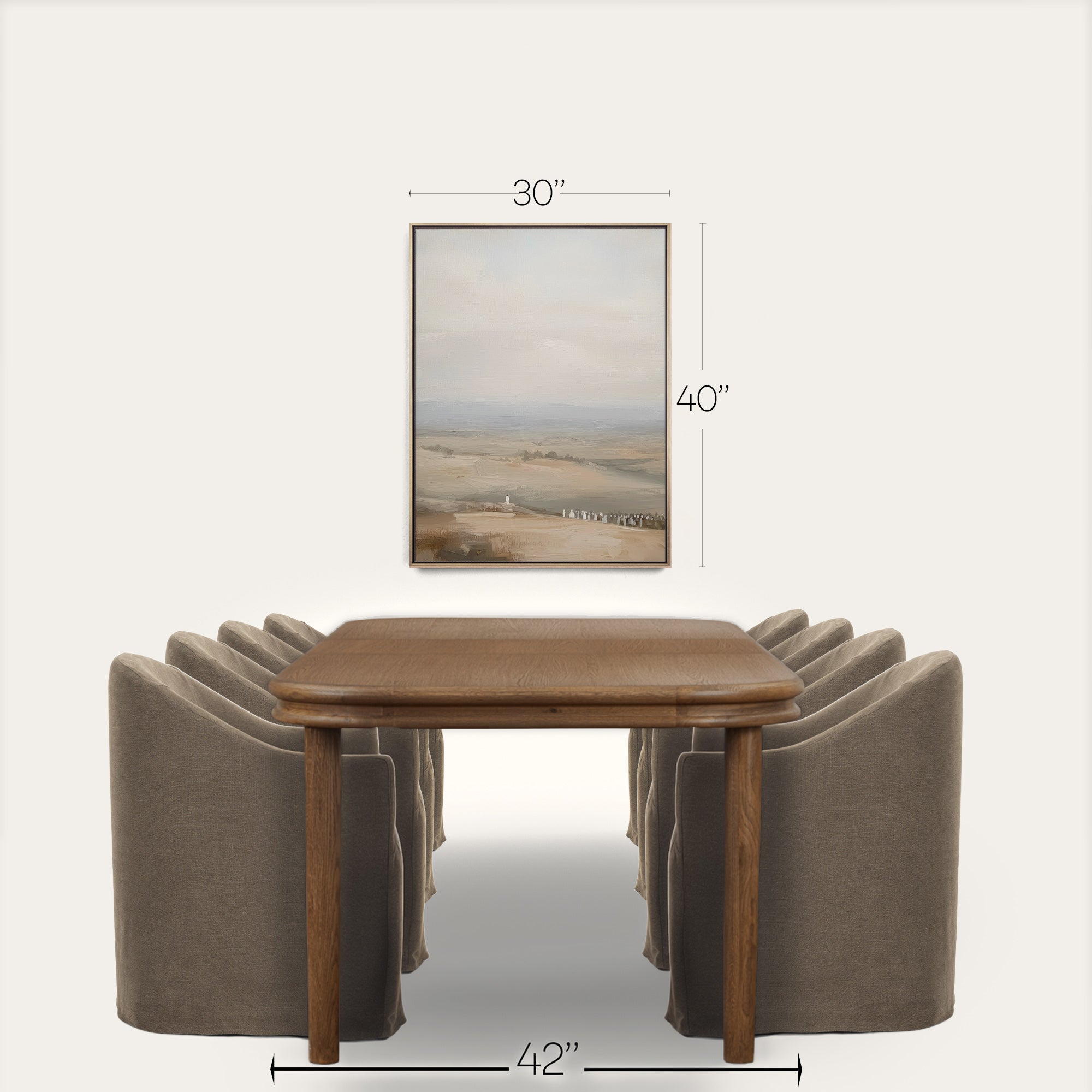 Wooden dining table with gray chairs and a framed landscape picture on a white background 
