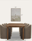 wooden table with four gray chairs and a framed picture on a white background 