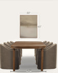 dining table with chairs and dimensions labeled on a white background 