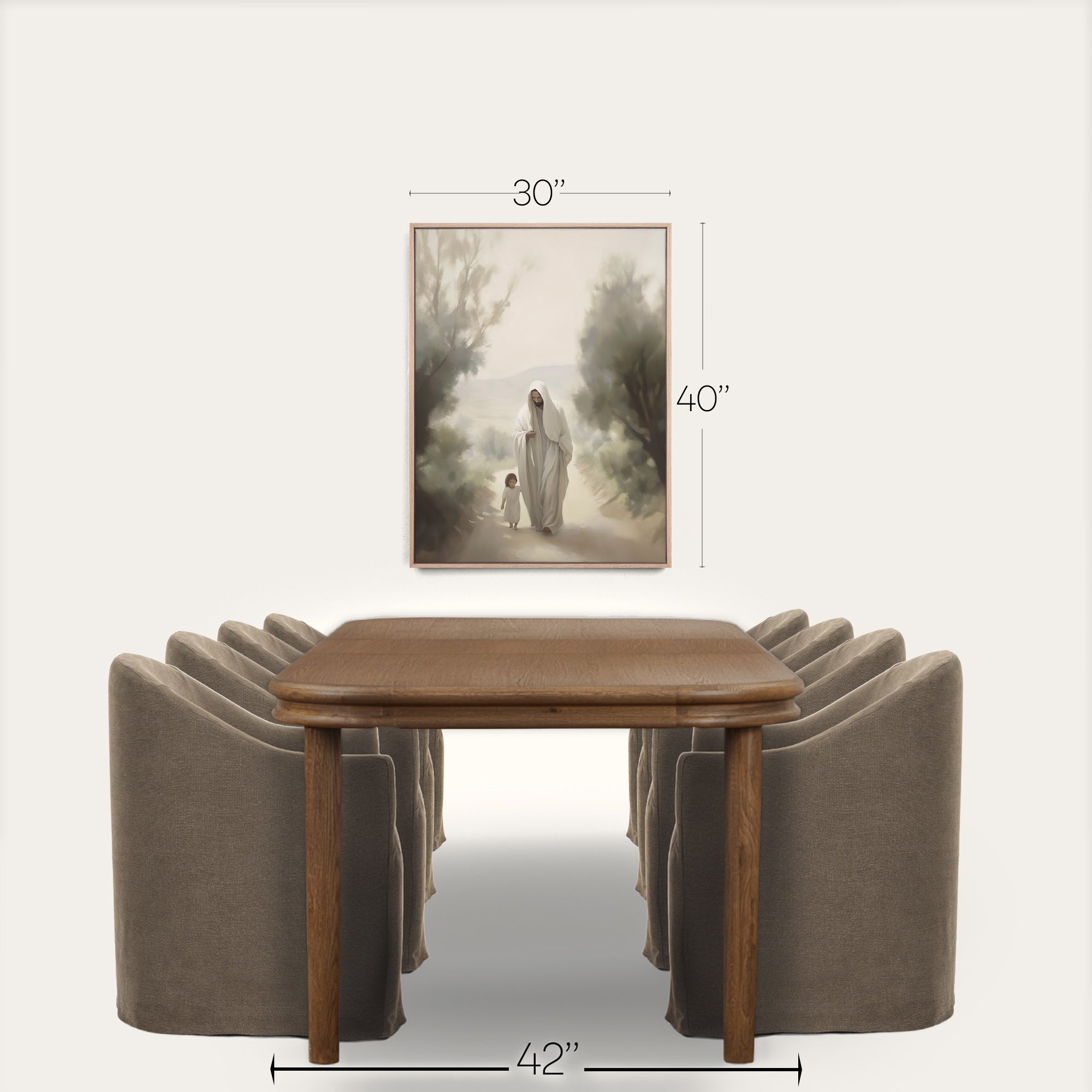 Dining room setup with a wooden table and gray chairs, featuring dimensions on a white background. 