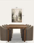 dining room setup with a wooden table and gray chairs, featuring dimensions on a white background. 