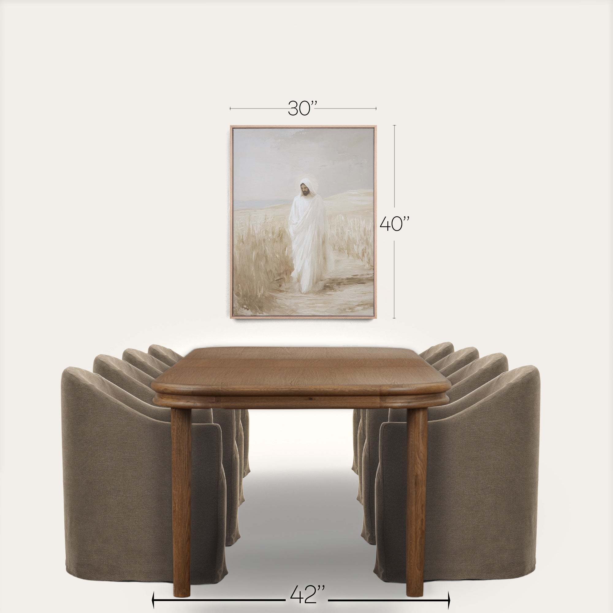 Dining table with chairs and a framed picture on a white background 