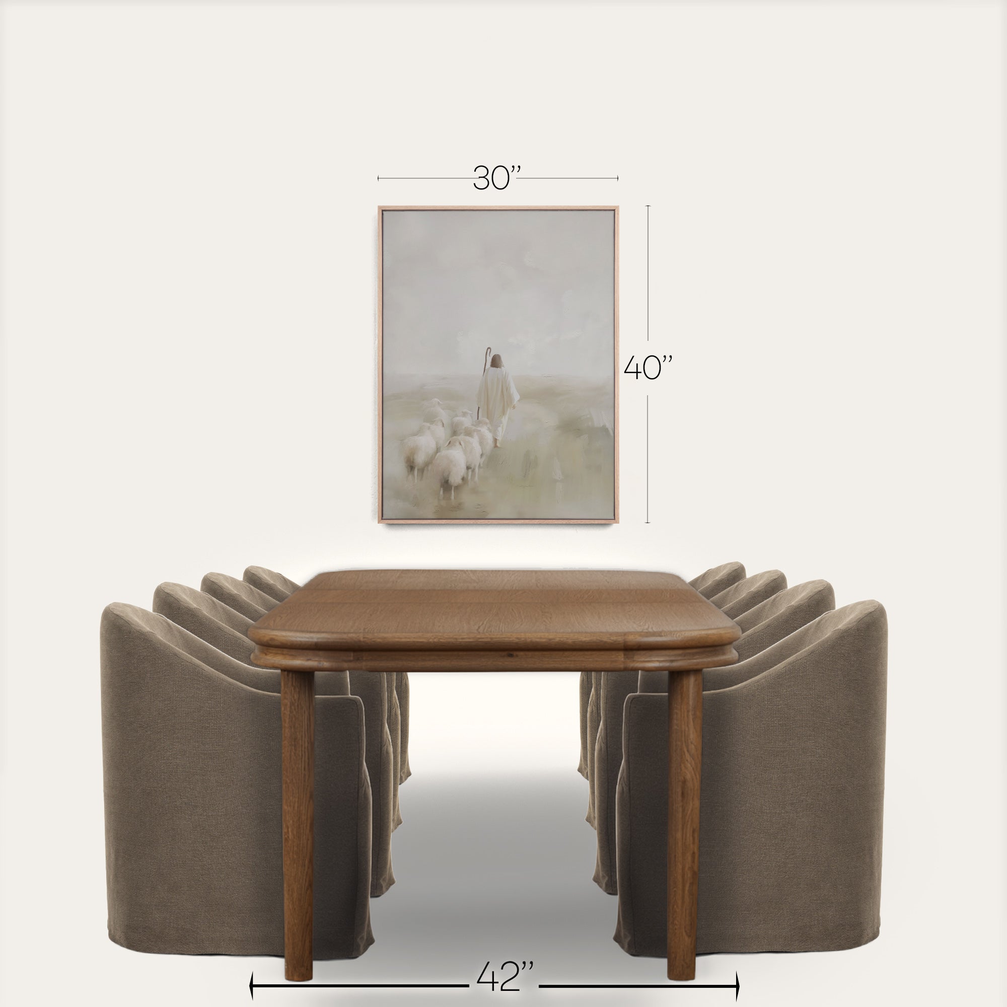 Wooden table with four gray chairs and a framed picture on a white background 