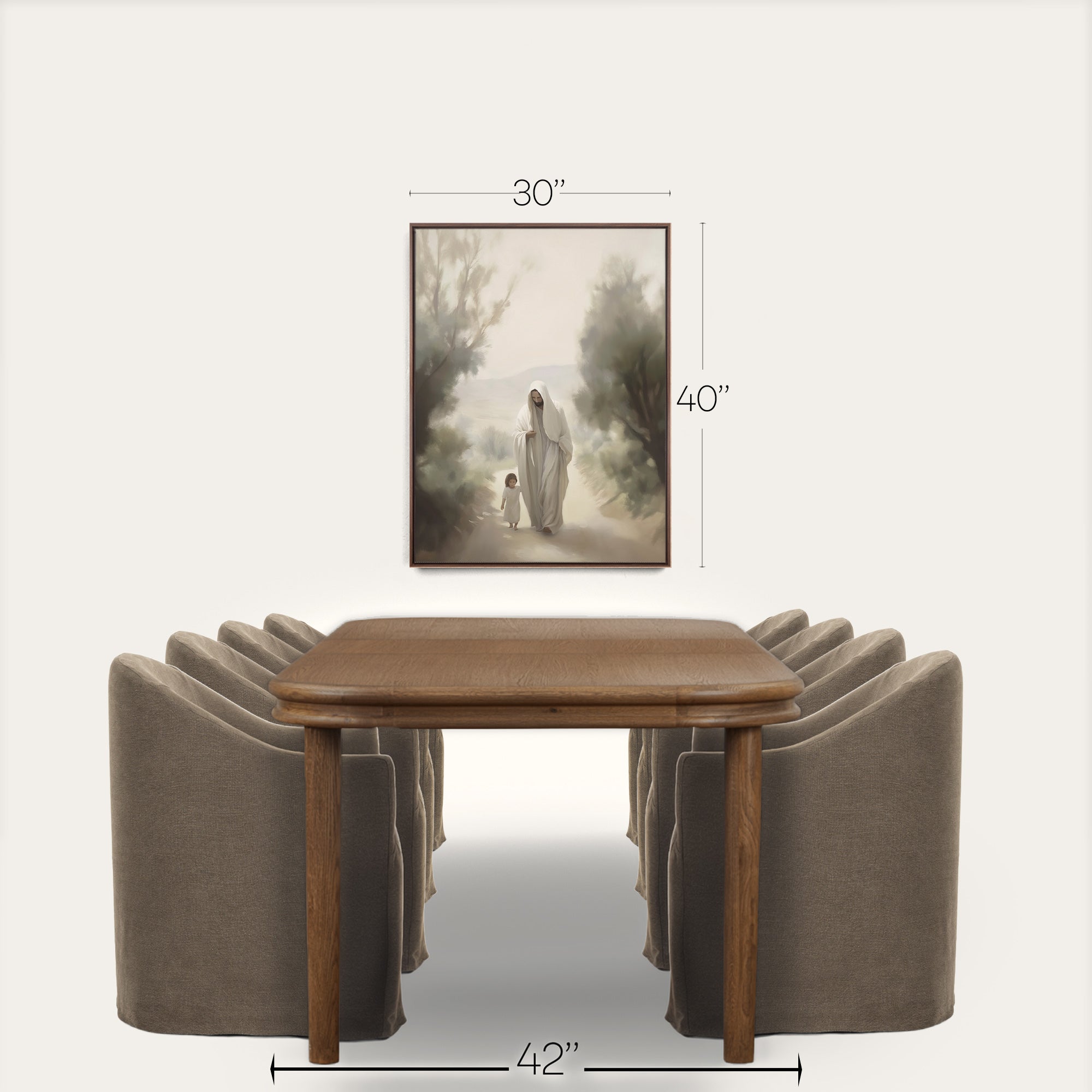 Furniture set with a wooden table and gray chairs, featuring dimensions on a white background. 