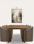 furniture set with a wooden table and gray chairs, featuring dimensions on a white background. 