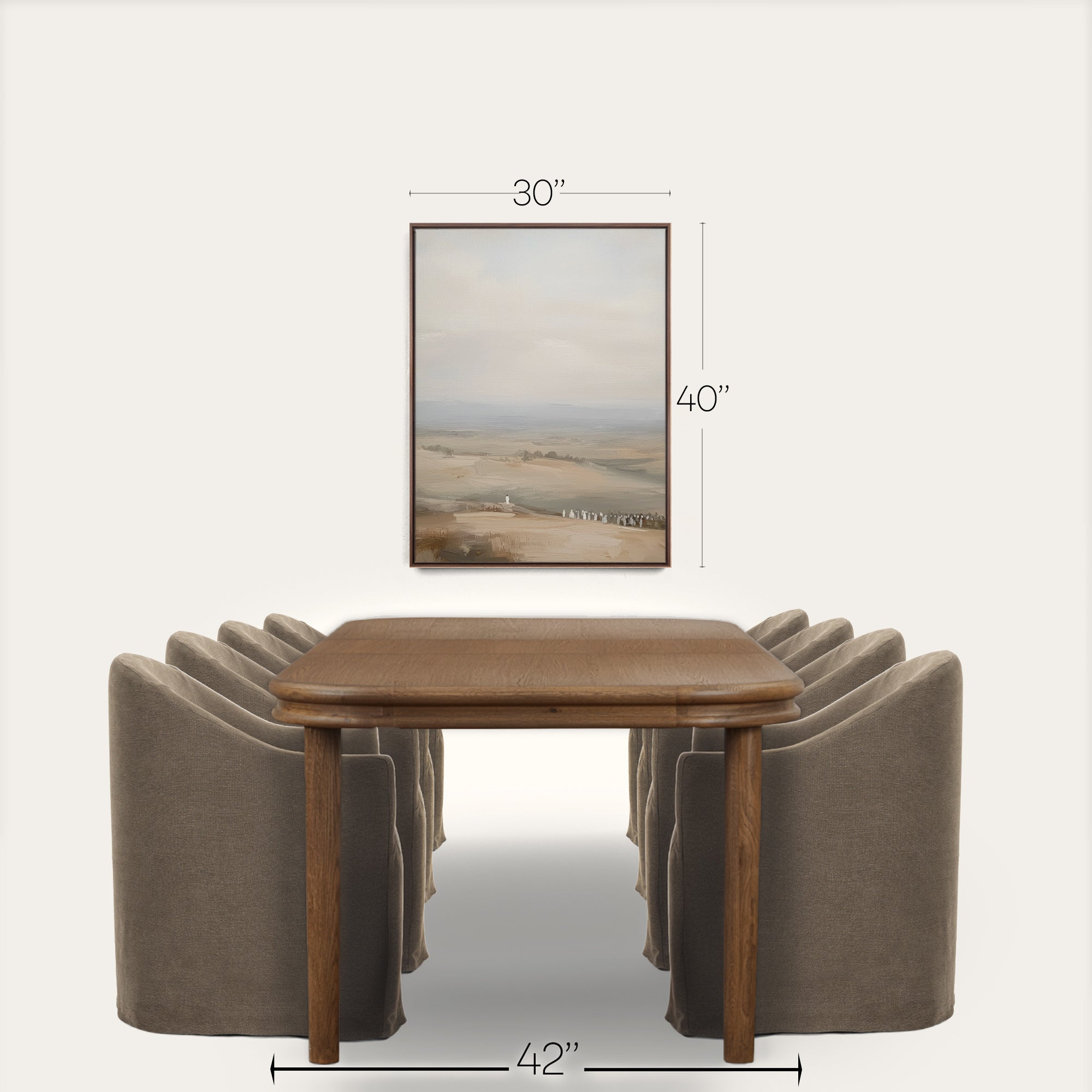 Wooden table with four gray chairs and a framed landscape picture on a white background 