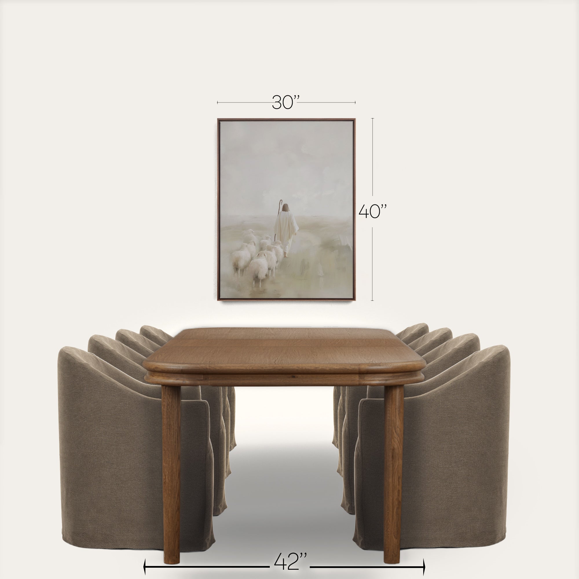 Wooden dining table with four curved brown chairs, dimensions indicated, on a white background 
