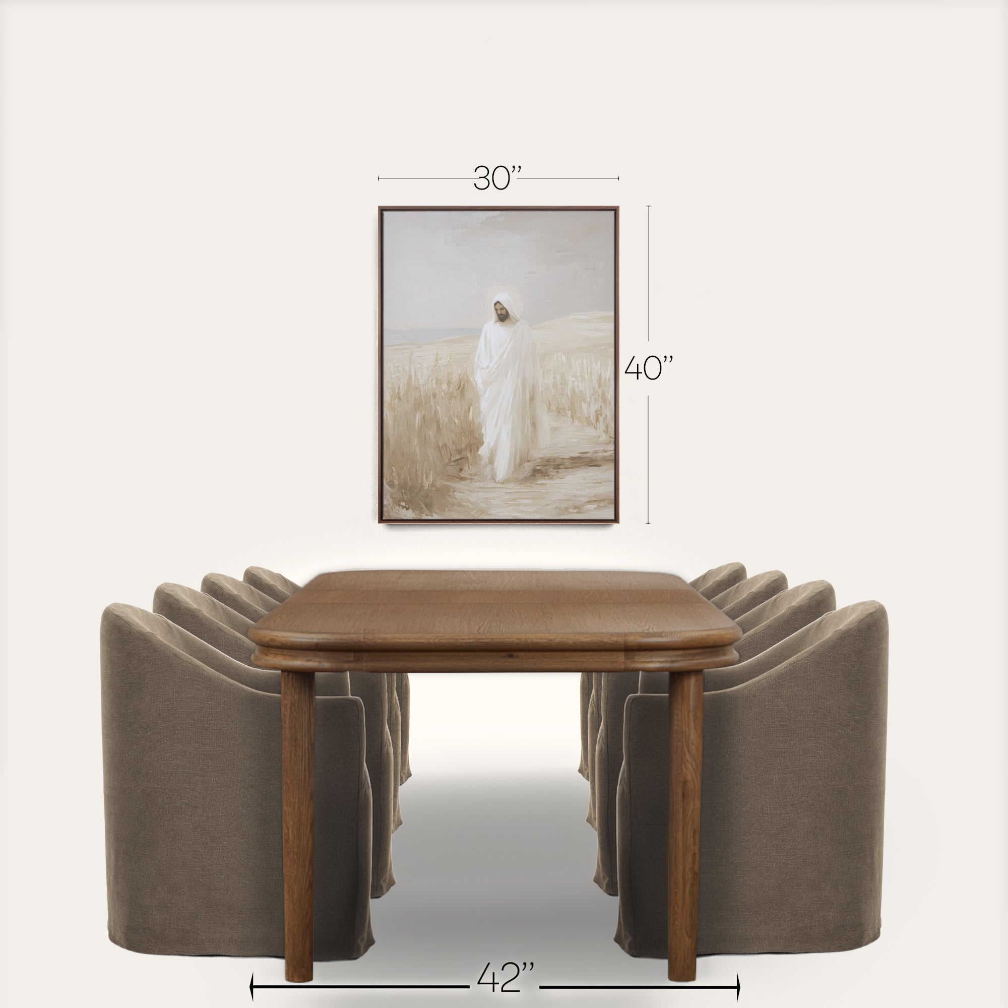Wooden table with four curved brown chairs and a framed picture on a white background 