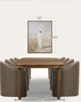 wooden table with four curved brown chairs and a framed picture on a white background 
