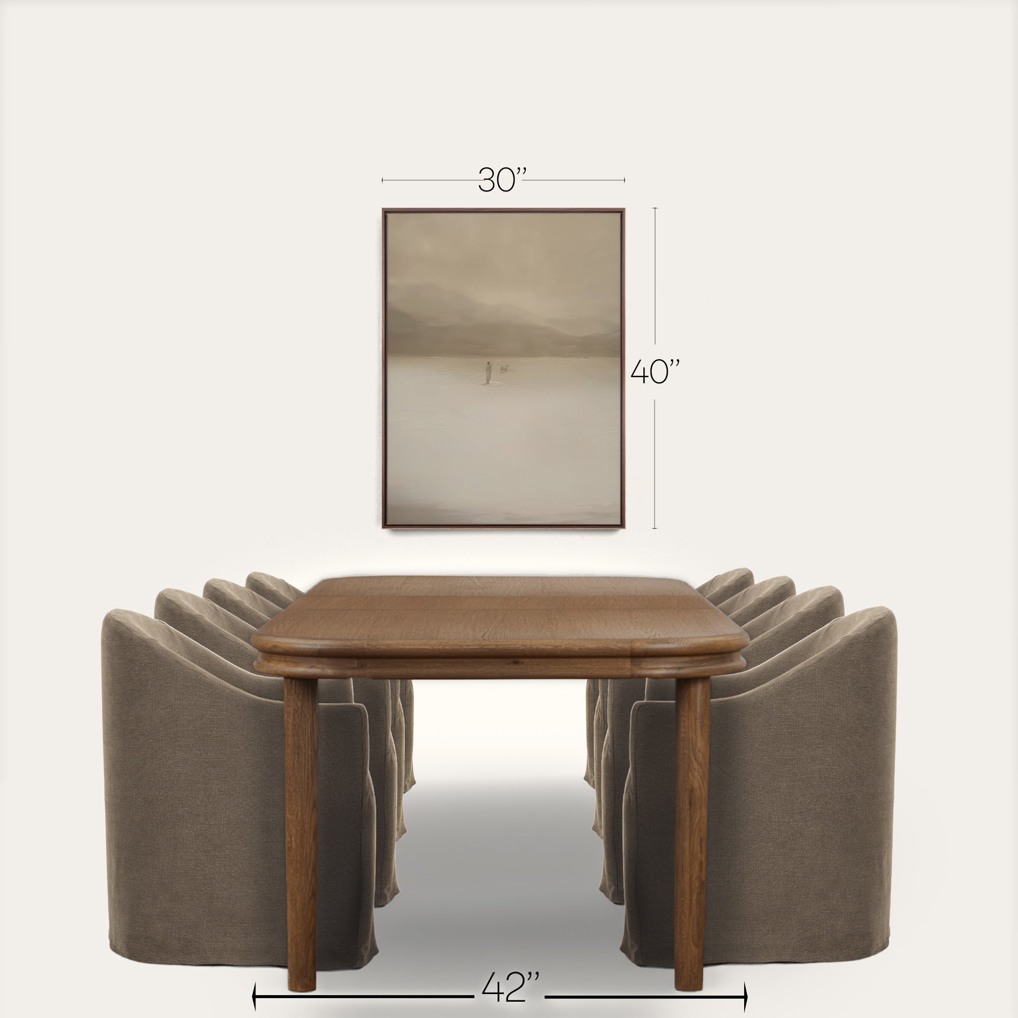 Wooden dining table with four gray chairs and dimensions labeled on a white background 
