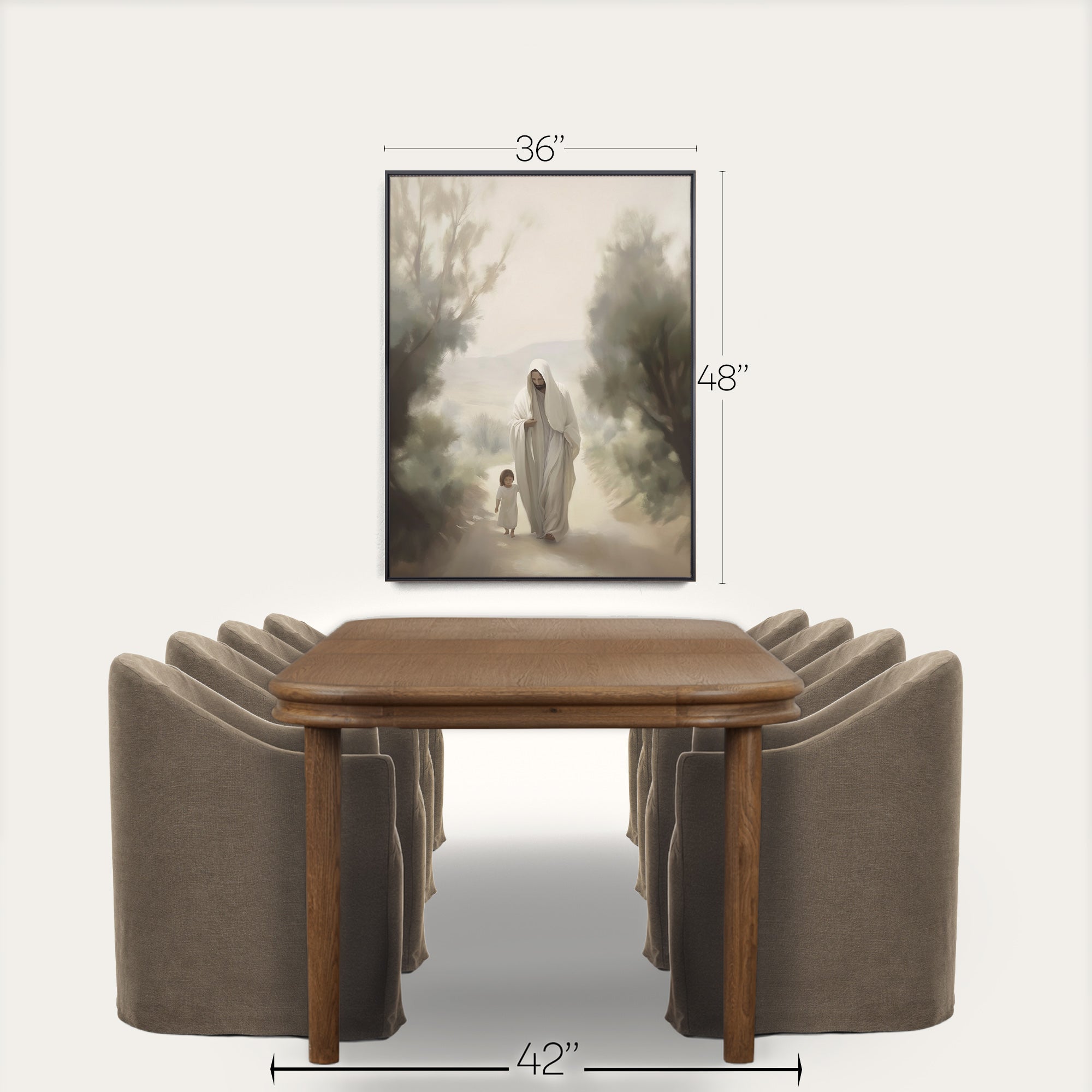 Dining room setup with a wooden table and gray chairs, featuring a framed artwork above. 