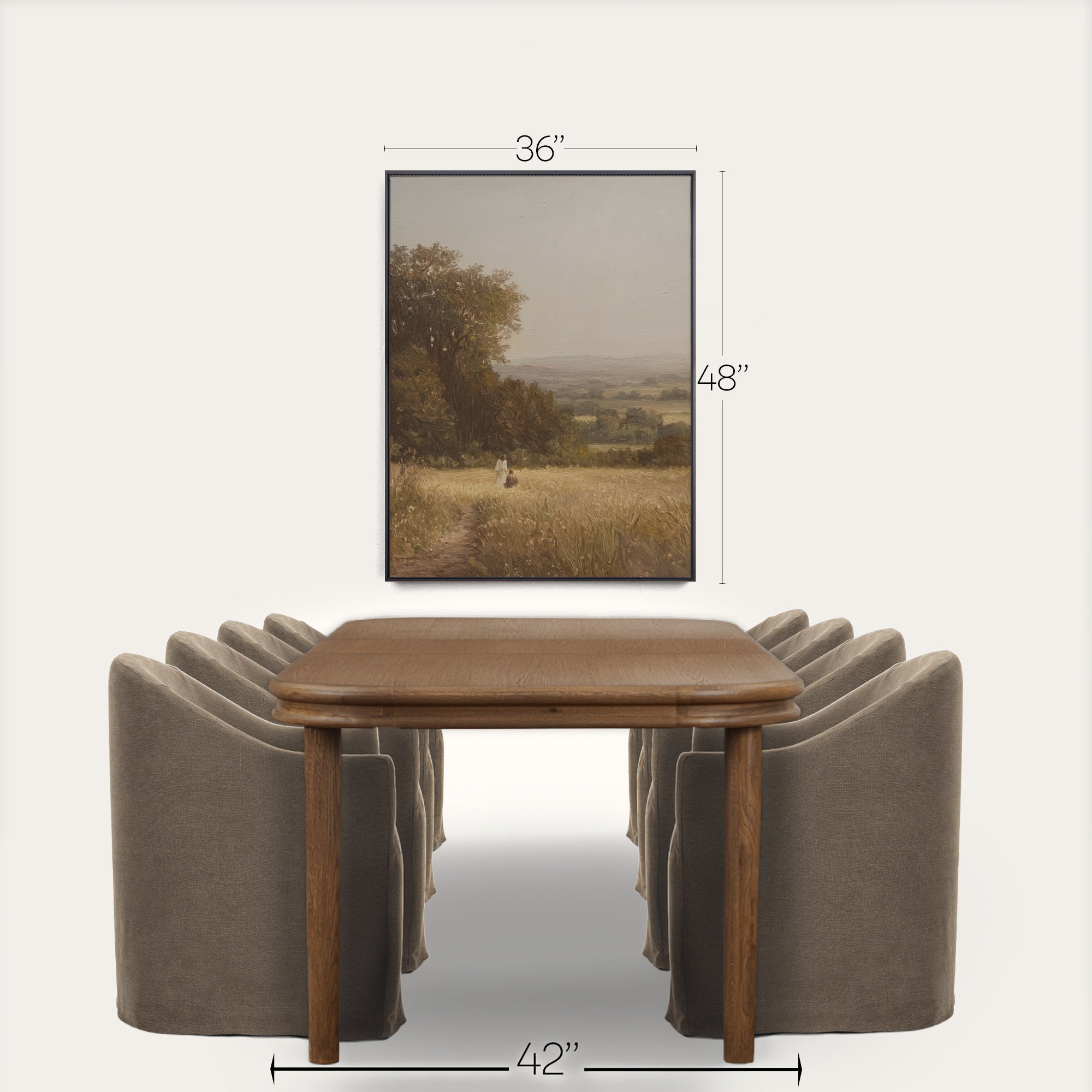 Dining table with four chairs and a framed landscape painting on a white background 